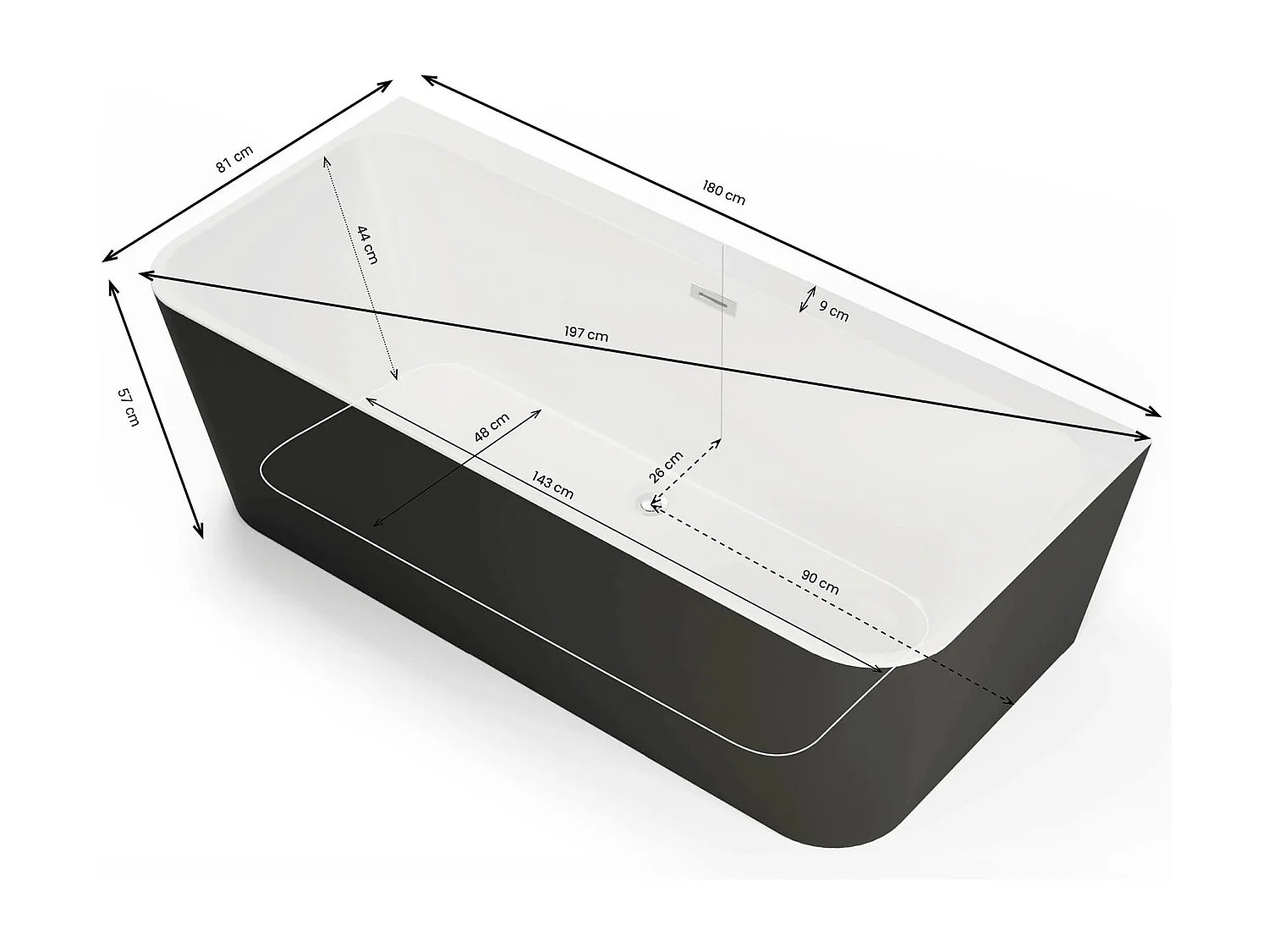 Baignoire Ilot Mint 180 noire 180 x81 x57 cm, by SPALINA