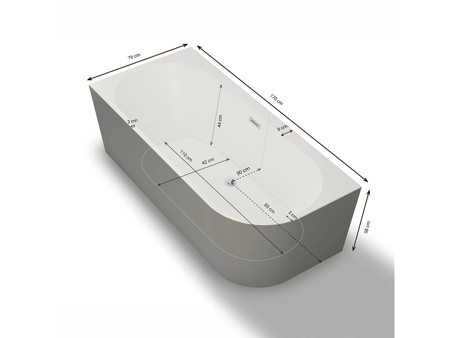 Baignoire Ilot Capri 170 gauche grise 170 x76 x58 cm, by SPALINA