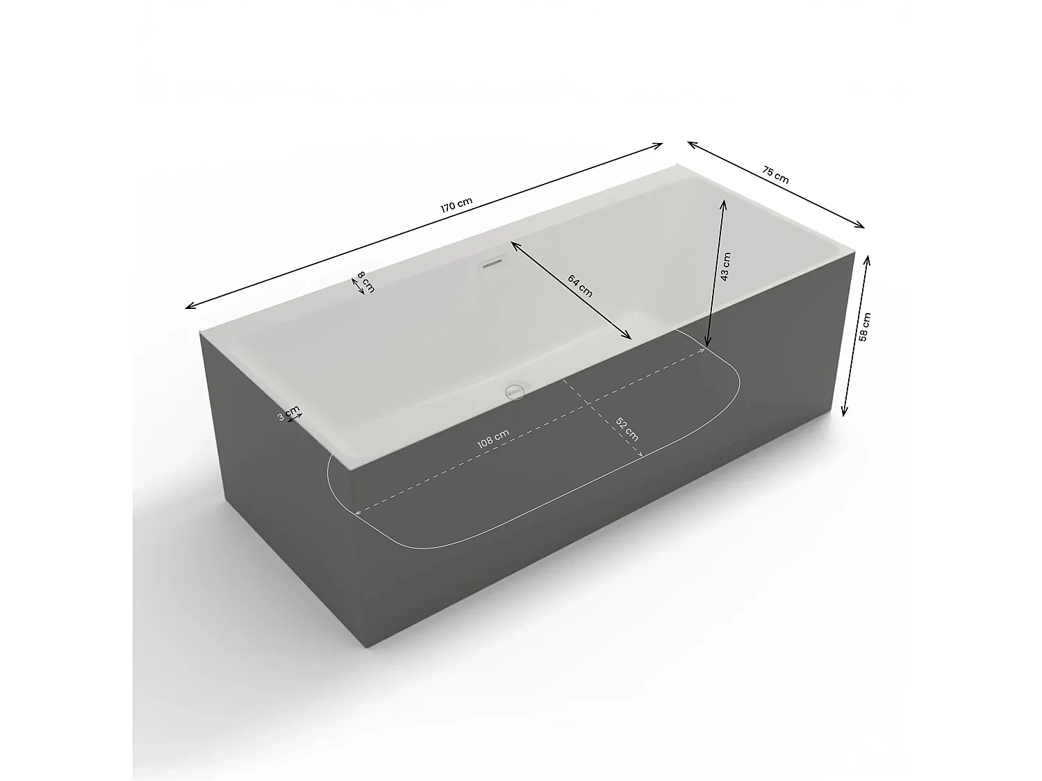 Baignoire Semi-îlot Murale Cobalt 170 Grise 170 X75 X56 Cm, By Spalina