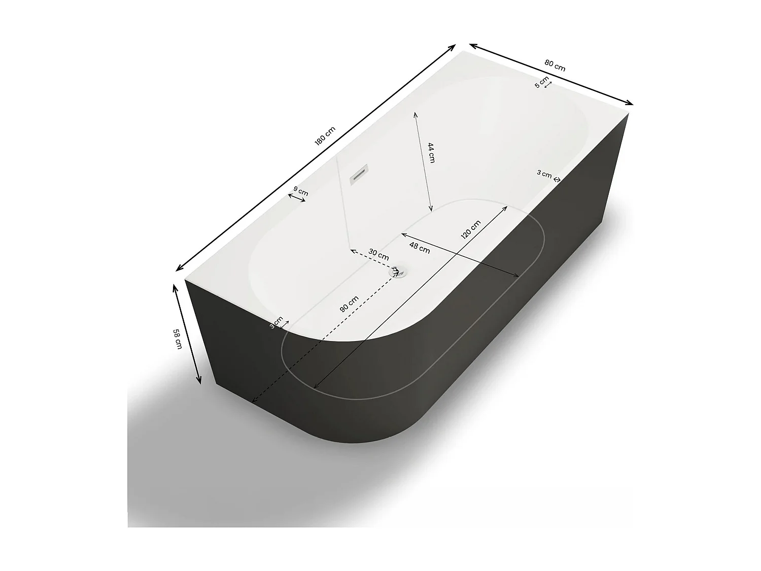 Baignoire Ilot Capri 180 droite noire 180 x81 x58 cm, by SPALINA