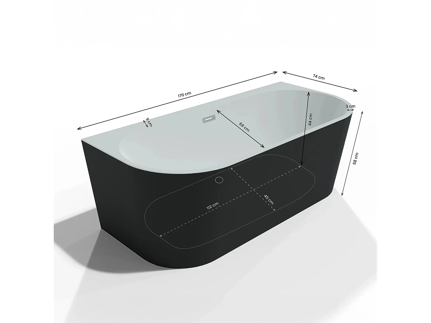 Baignoire Semi-îlot Murale Naos 170 Noire 170 X80 X58 Cm, By Spalina