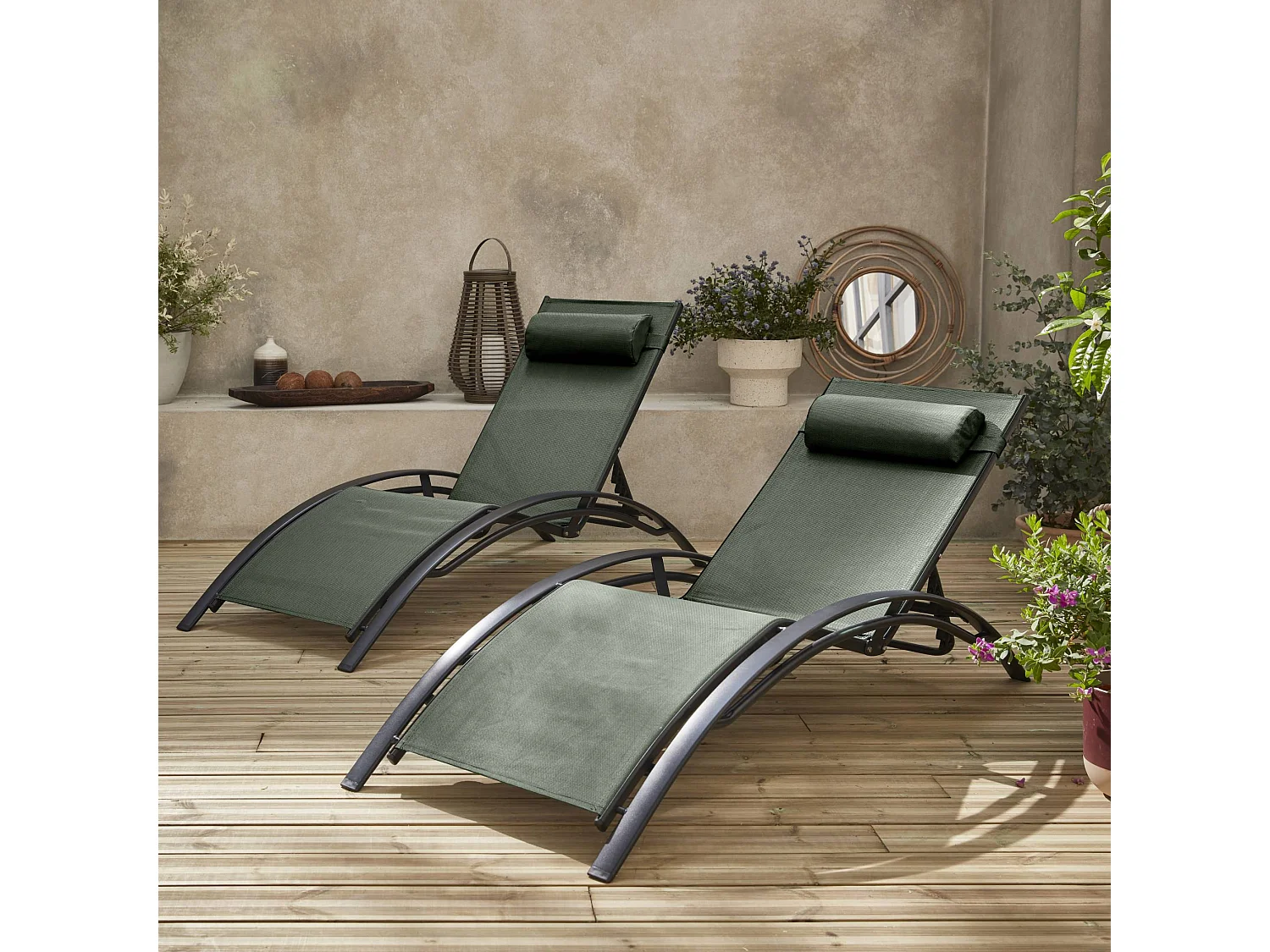 Duo de bains de soleil aluminium savane - Transats aluminium et textilène