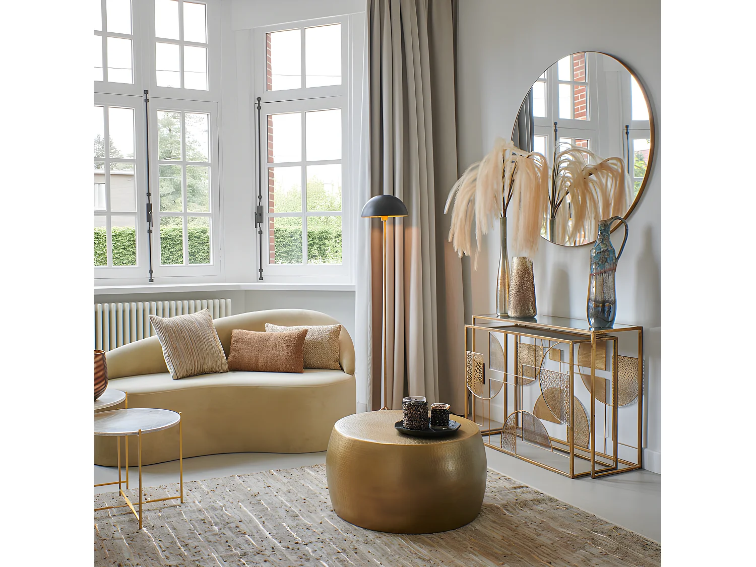 Miroir rond 90cm contour en métal doré PALACE