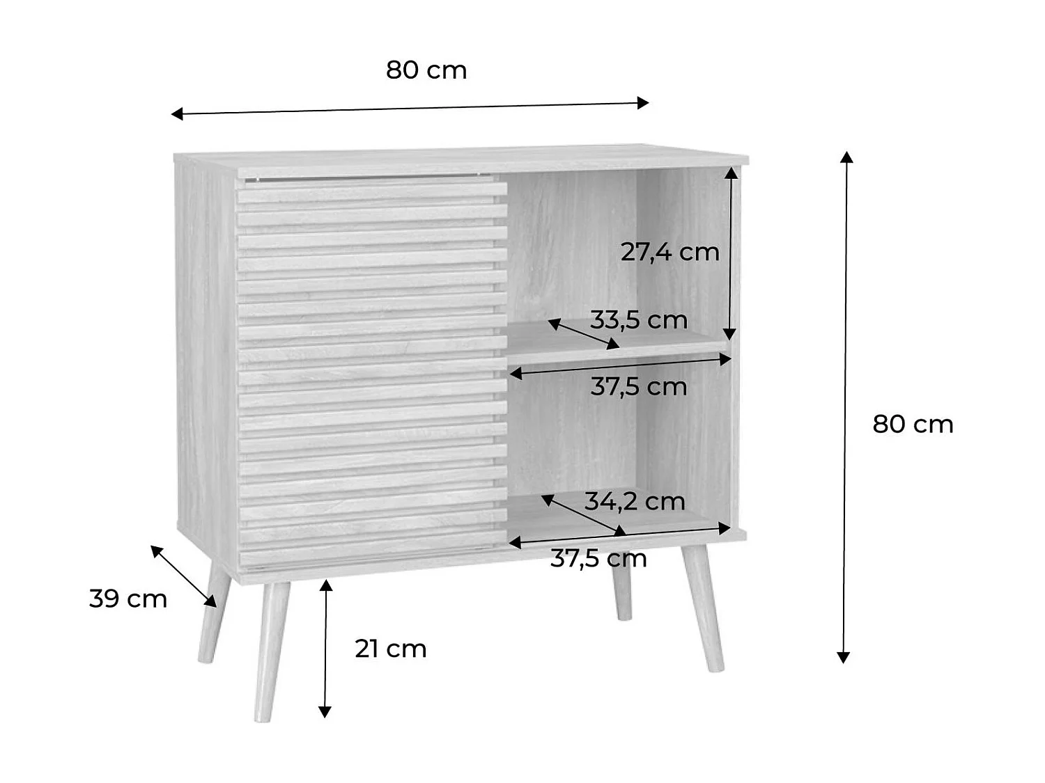 Credenza scandinava effetto legno e anta scorrevole scanalata, 80cm,