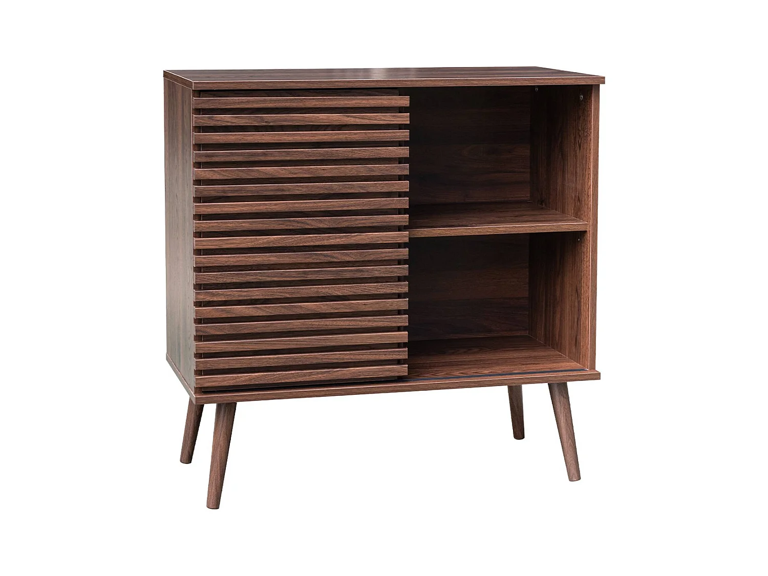 Buffet scandinave décor bois noyer. buffet haut. vaisselier. avec 1 porte coulissante rainurée et 2 étagères 80cm