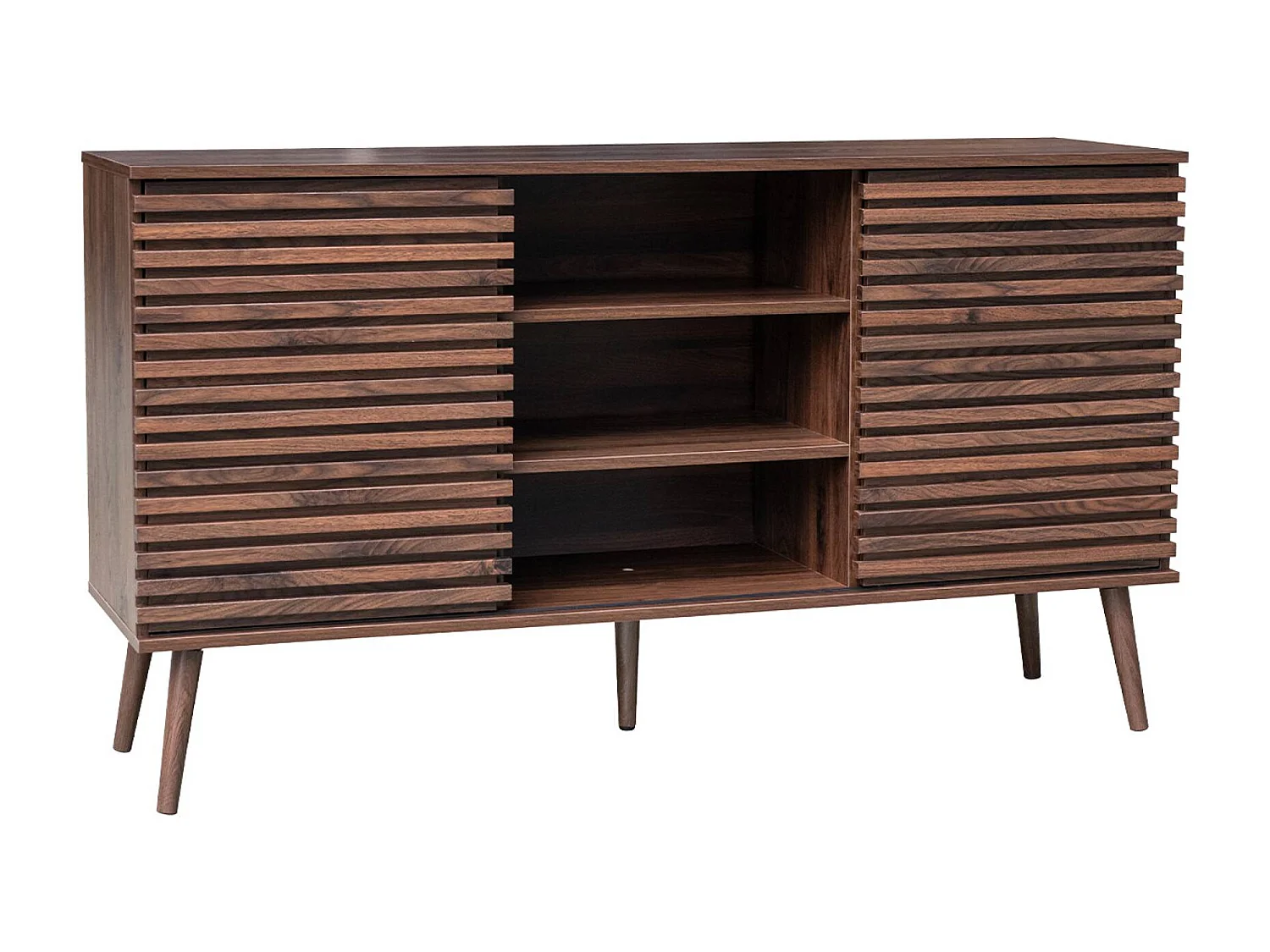 Buffet scandinave décor bois noyer avec 2 portes coulissantes rainurées et 4 étagères. buffet bas. L 140cm