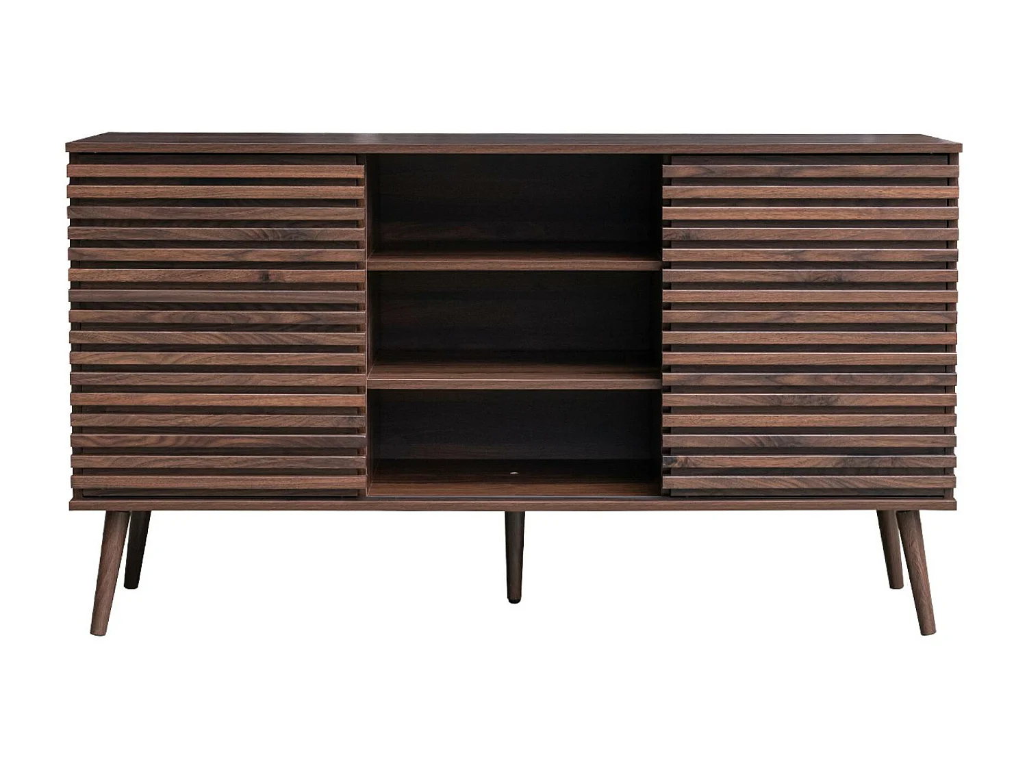 Buffet scandinave décor bois noyer avec 2 portes coulissantes rainurées et 4 étagères. buffet bas. L 140cm