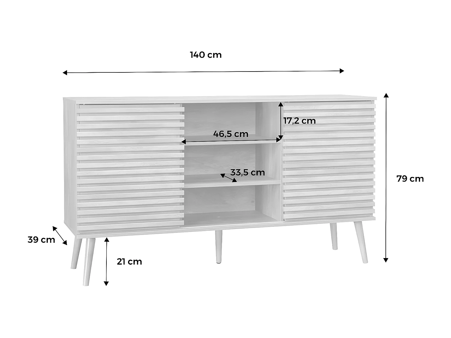 Buffet scandinave décor bois noyer avec 2 portes coulissantes rainurées et 4 étagères. buffet bas. L 140cm