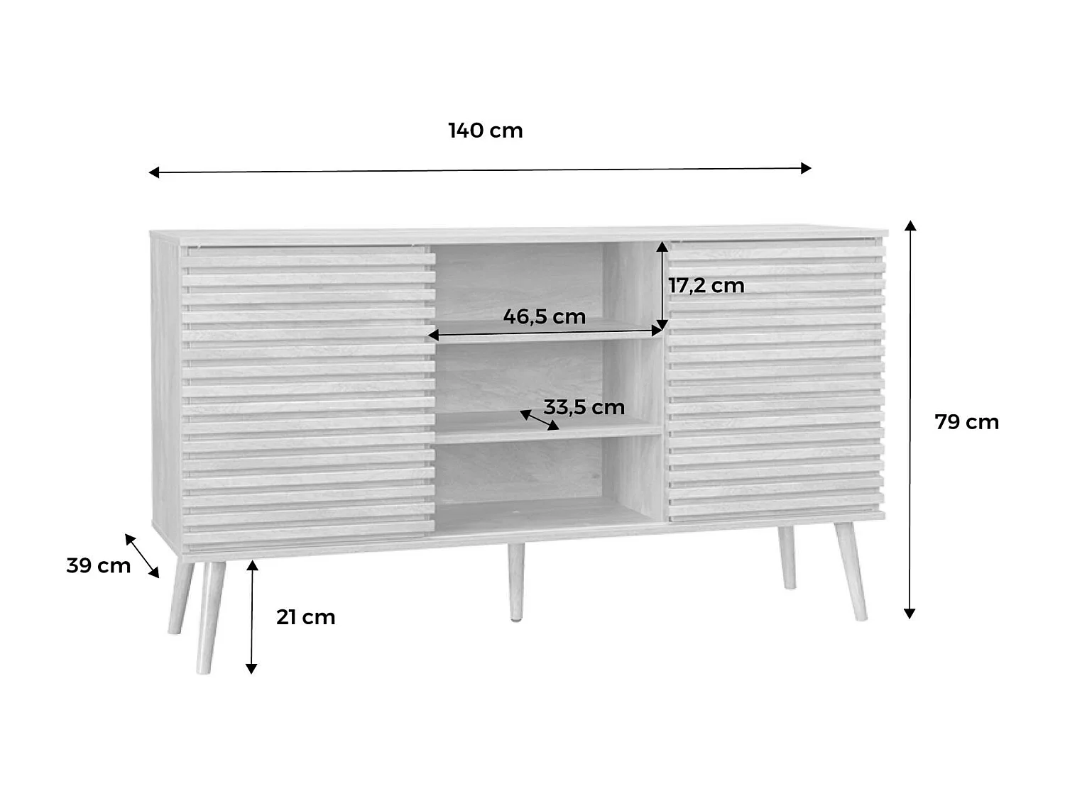 Credenza scandinava in legno con 2 ante scorrevoli scanalate, 140cm,