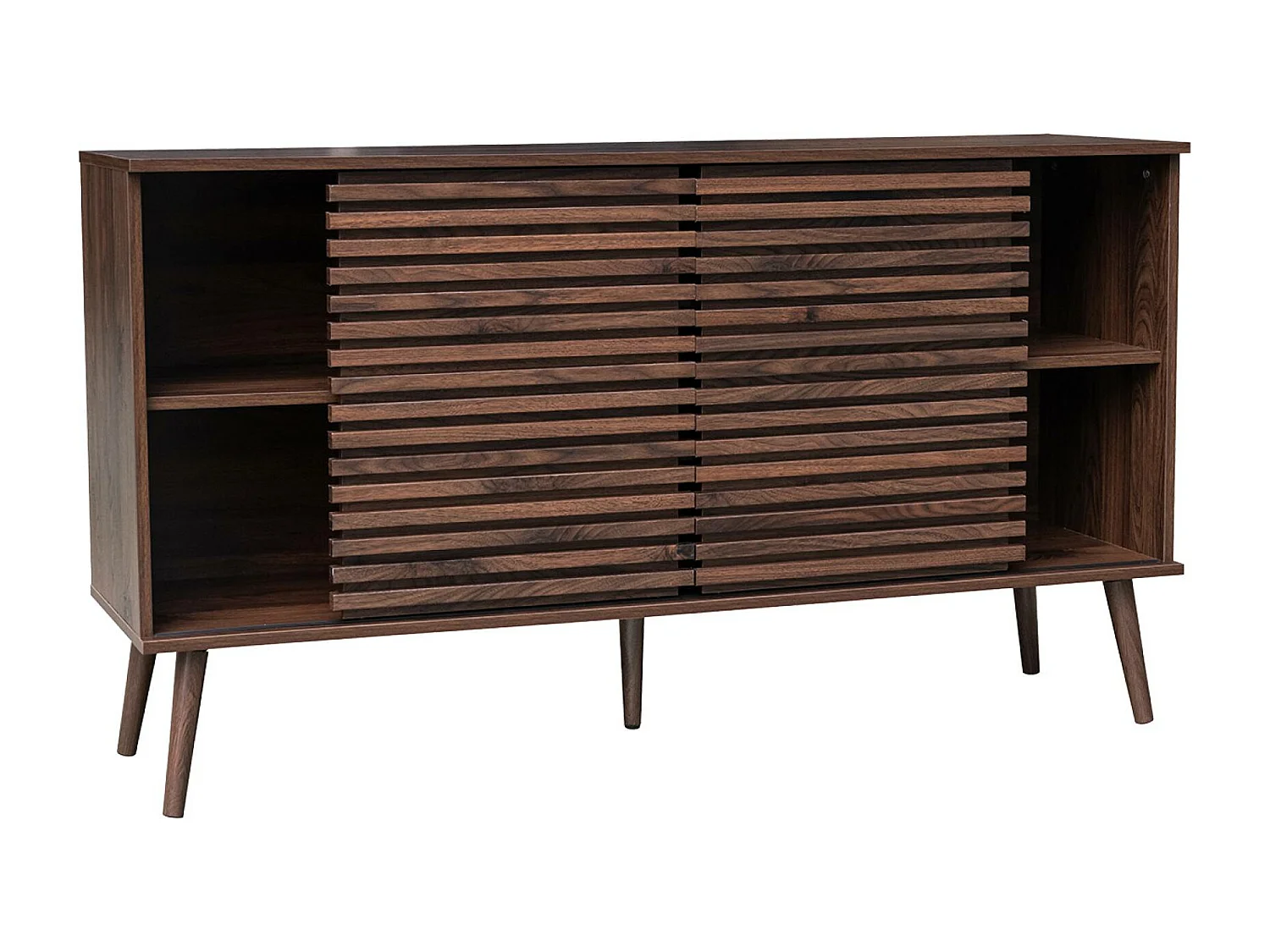 Credenza scandinava in legno con 2 ante scorrevoli scanalate, 140cm,