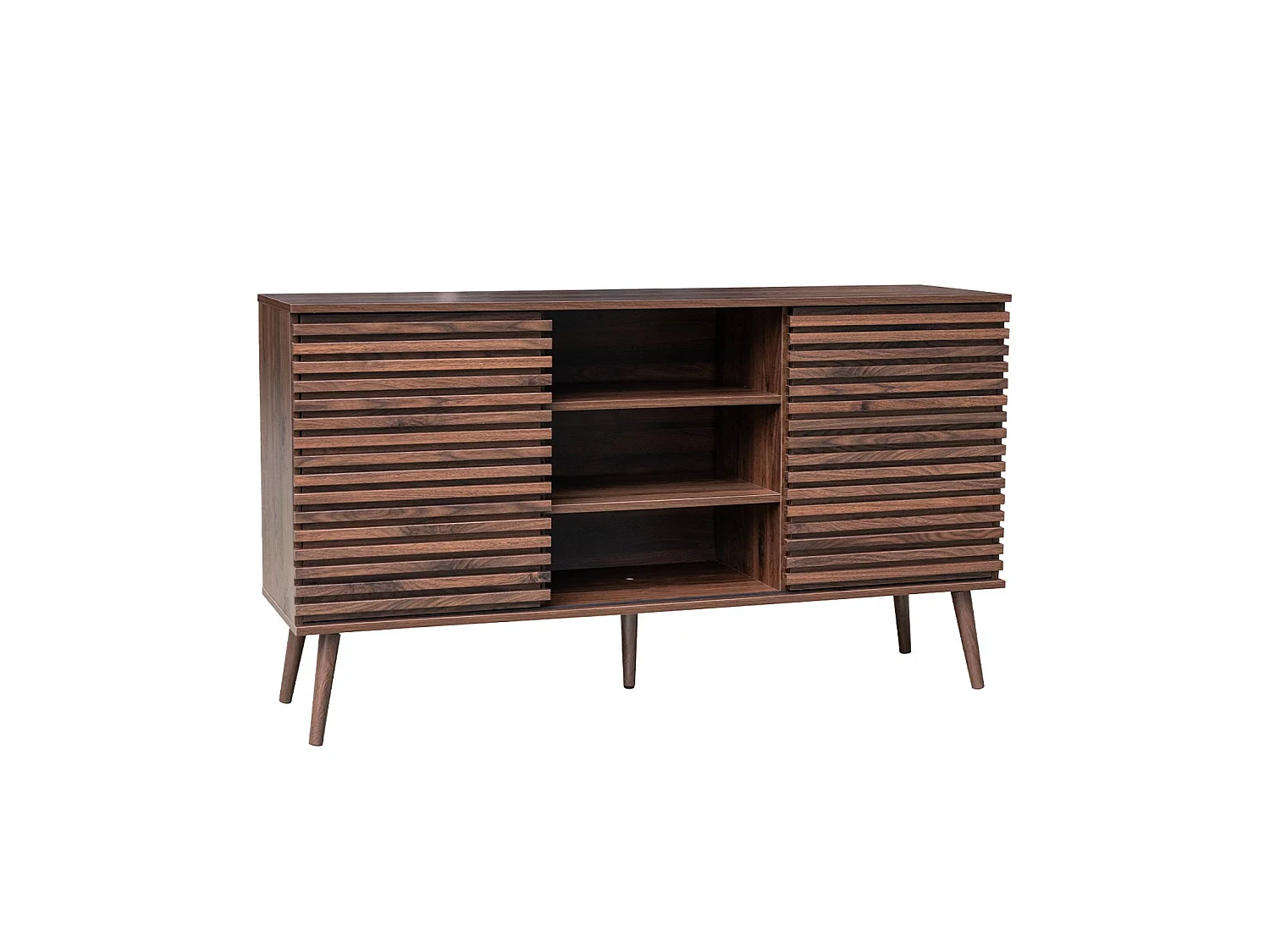 Credenza scandinava in legno con 2 ante scorrevoli scanalate, 140cm Noce - 140x39x79 cm