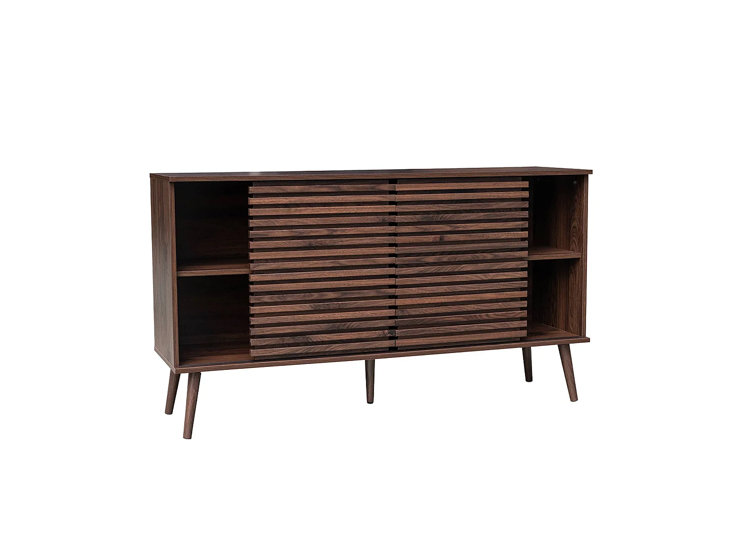 Credenza scandinava in legno con 2 ante scorrevoli scanalate, 140cm Noce - 140x39x79 cm
