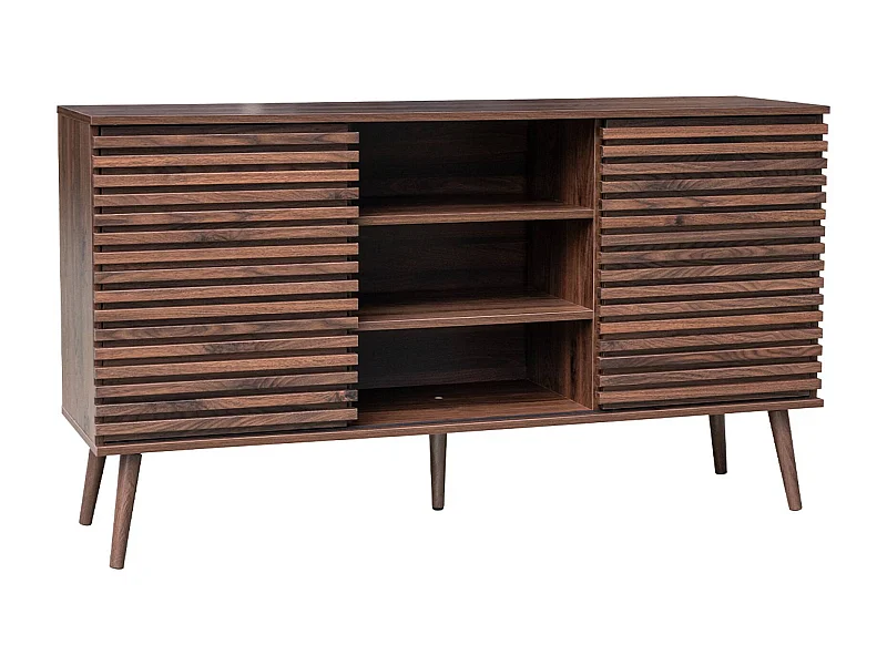 Credenza scandinava in legno con 2 ante scorrevoli scanalate, 140cm,