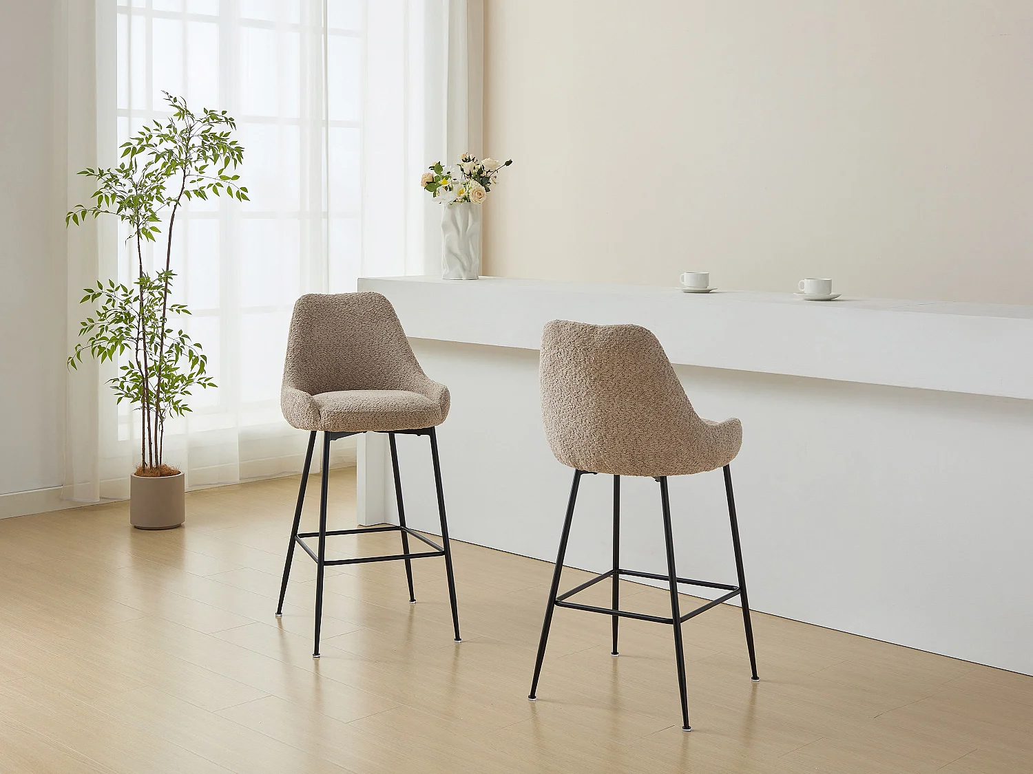 Lot de 2 tabourets de bar en tissu bouclette et métal noir - Taupe - TOYBA de Pascal Morabito