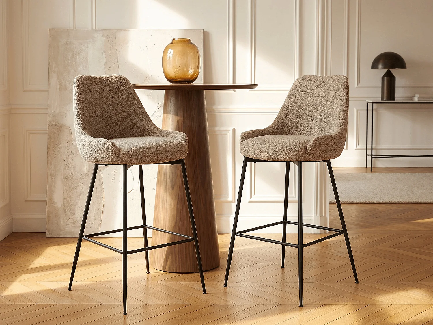 Lot de 2 tabourets de bar en tissu bouclette et métal noir - Taupe - TOYBA