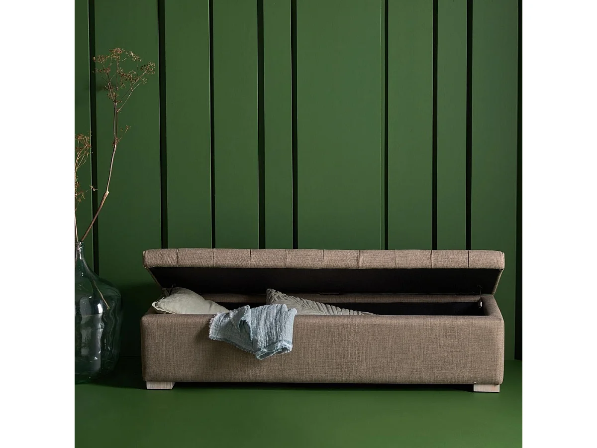 Banco cofre de madera con revestimiento de tela Taupe Vatican