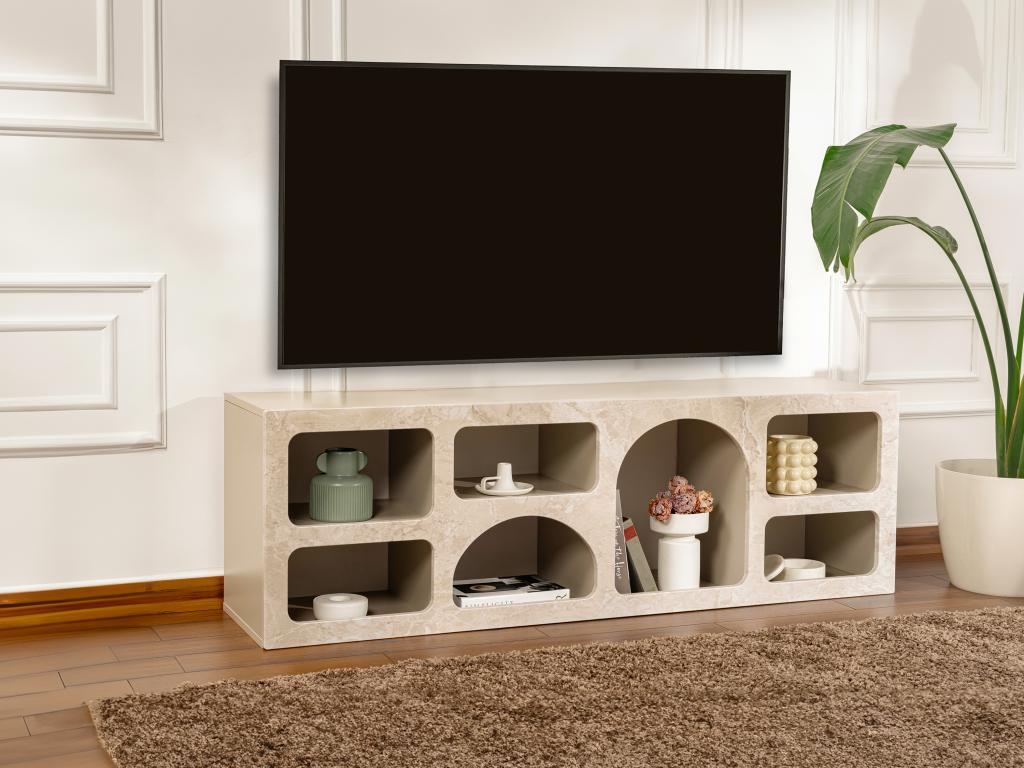 Meuble TV avec 7 niches - Effet marbre beige - LUELA