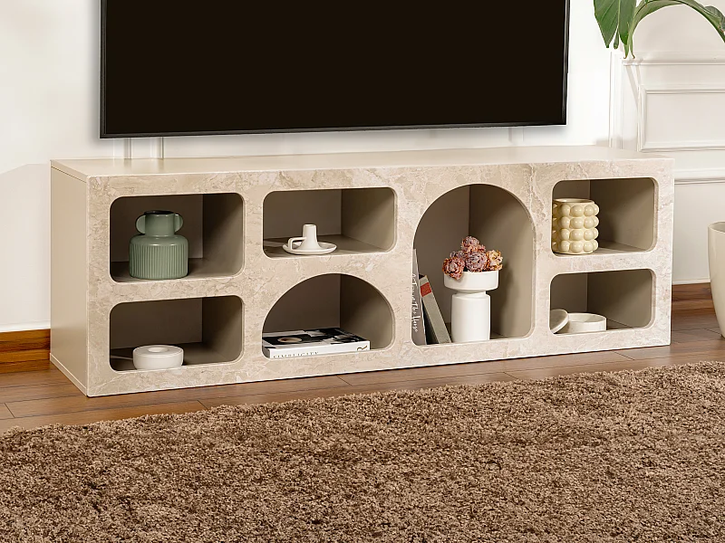 Meuble TV avec 7 niches - Effet marbre beige - LUELA
