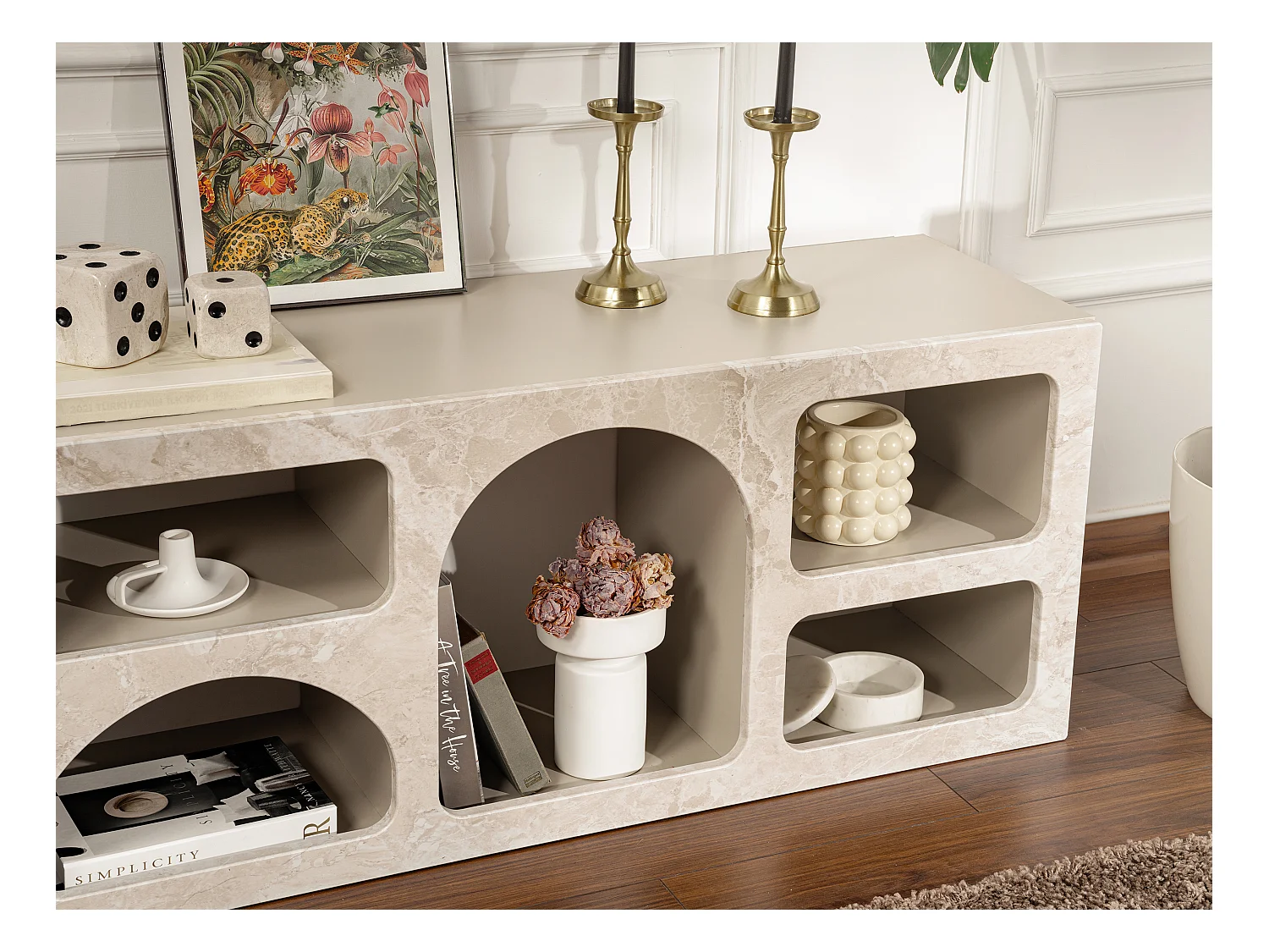 Mueble TV con 7 estantes - Efecto mármol beige - LUELA