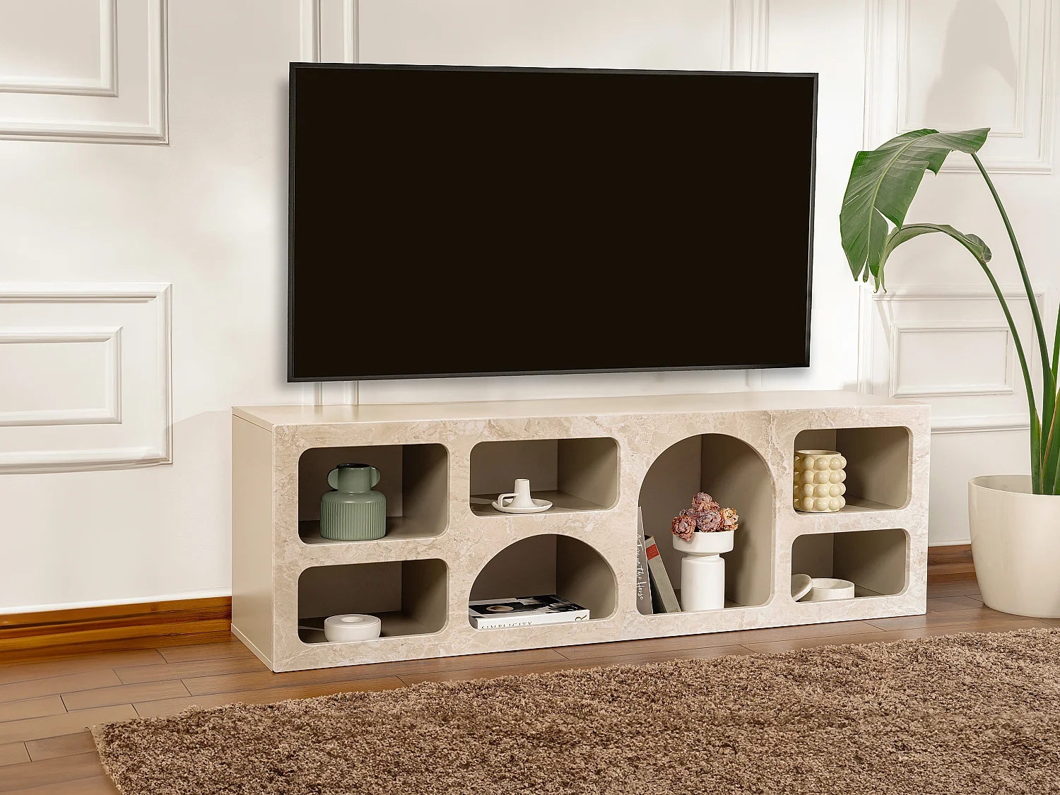 TV-Möbel mit 7 Fächern - Marmor-Optik Beige - LUELA