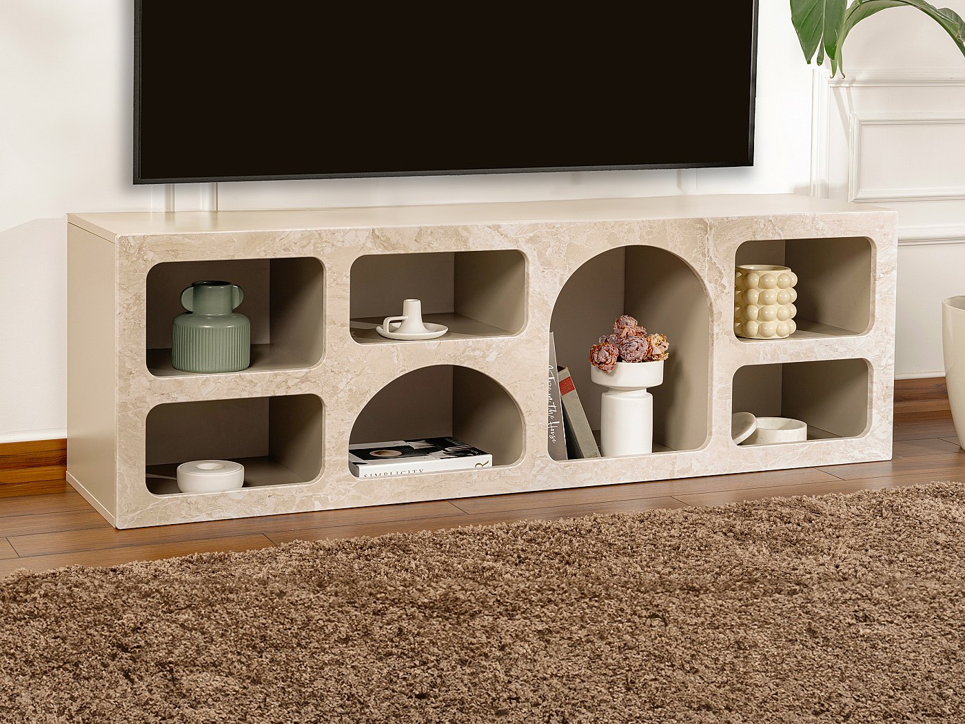 Meuble TV Contemporain Avec 7 Niches Effet Marbre Beige LUELA