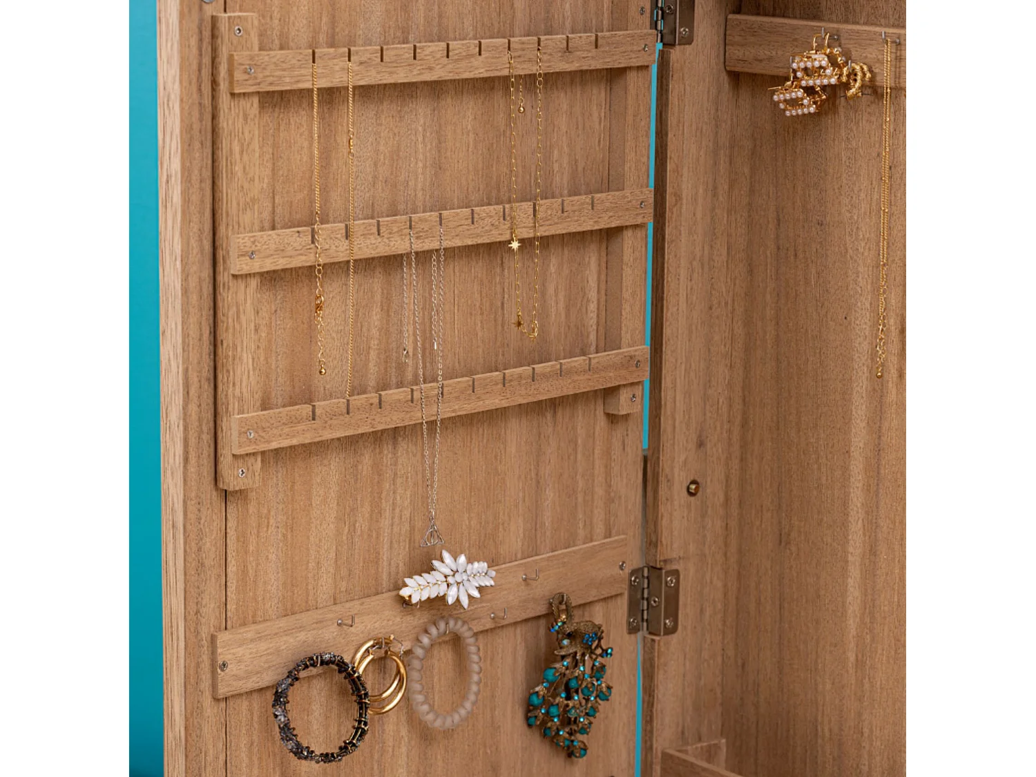 Armoire à Bijoux sur pied en bois Beige et Miroir en verre H 145 cm