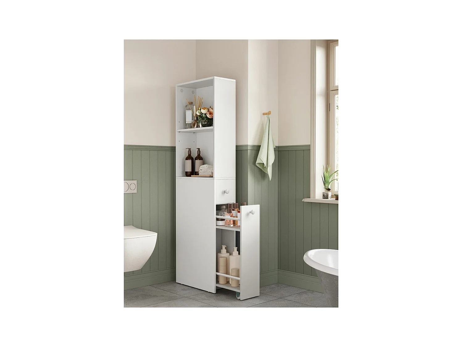 Pequeño mueble de almacenamiento 2 nichos, 1 cajón - H134,4 cm