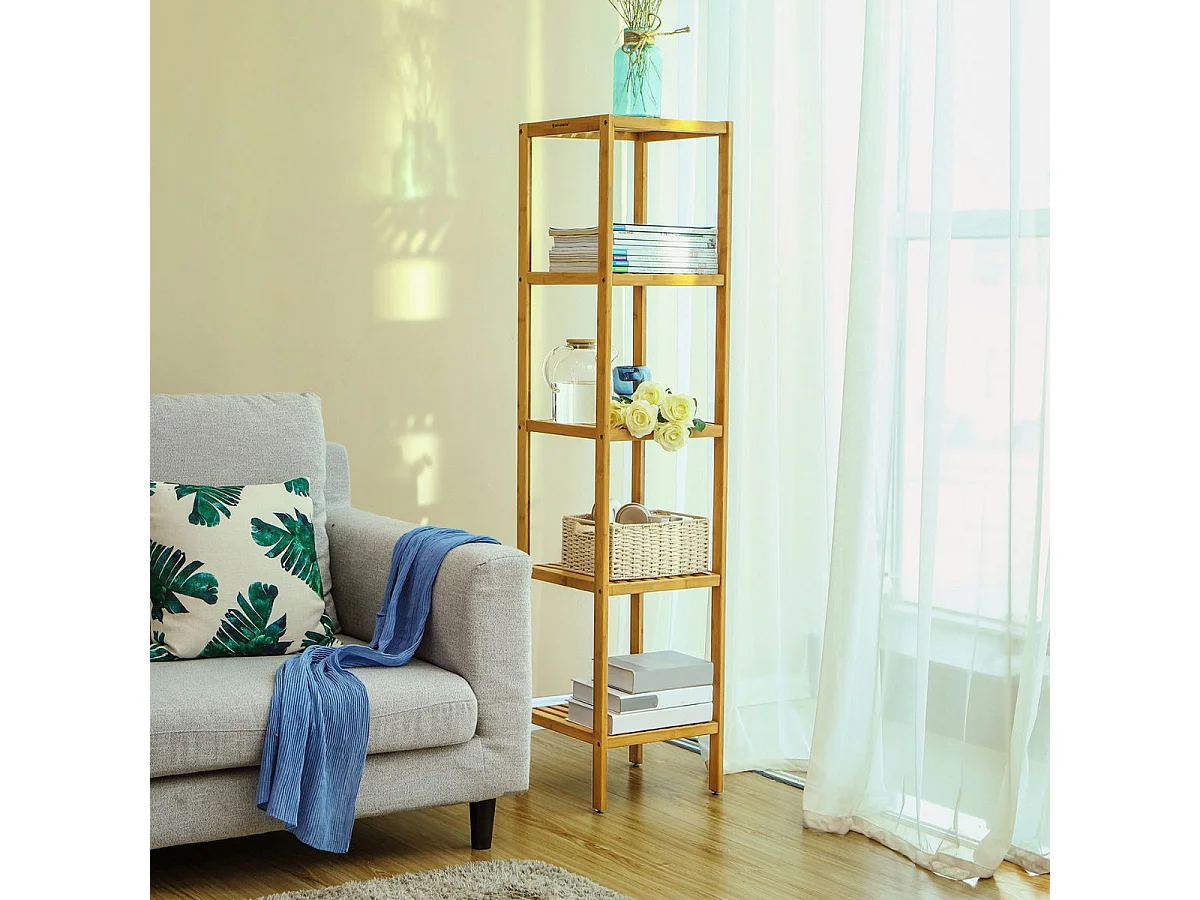 SONGMICS 5-Tier Bamboo Bathroom Shelf, Standing Kitchen Rack, 33 x 33 x 146 cm(L x W x H), for Narrow Spaces, Living Room, Bedroom, Hallway BCB55Y