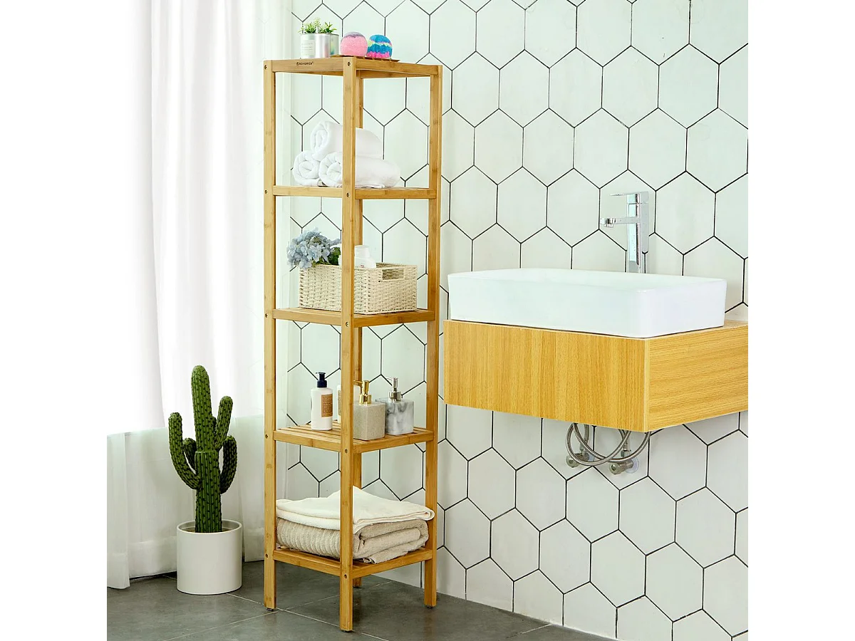 SONGMICS 5-Tier Bamboo Bathroom Shelf, Standing Kitchen Rack, 33 x 33 x 146 cm(L x W x H), for Narrow Spaces, Living Room, Bedroom, Hallway BCB55Y