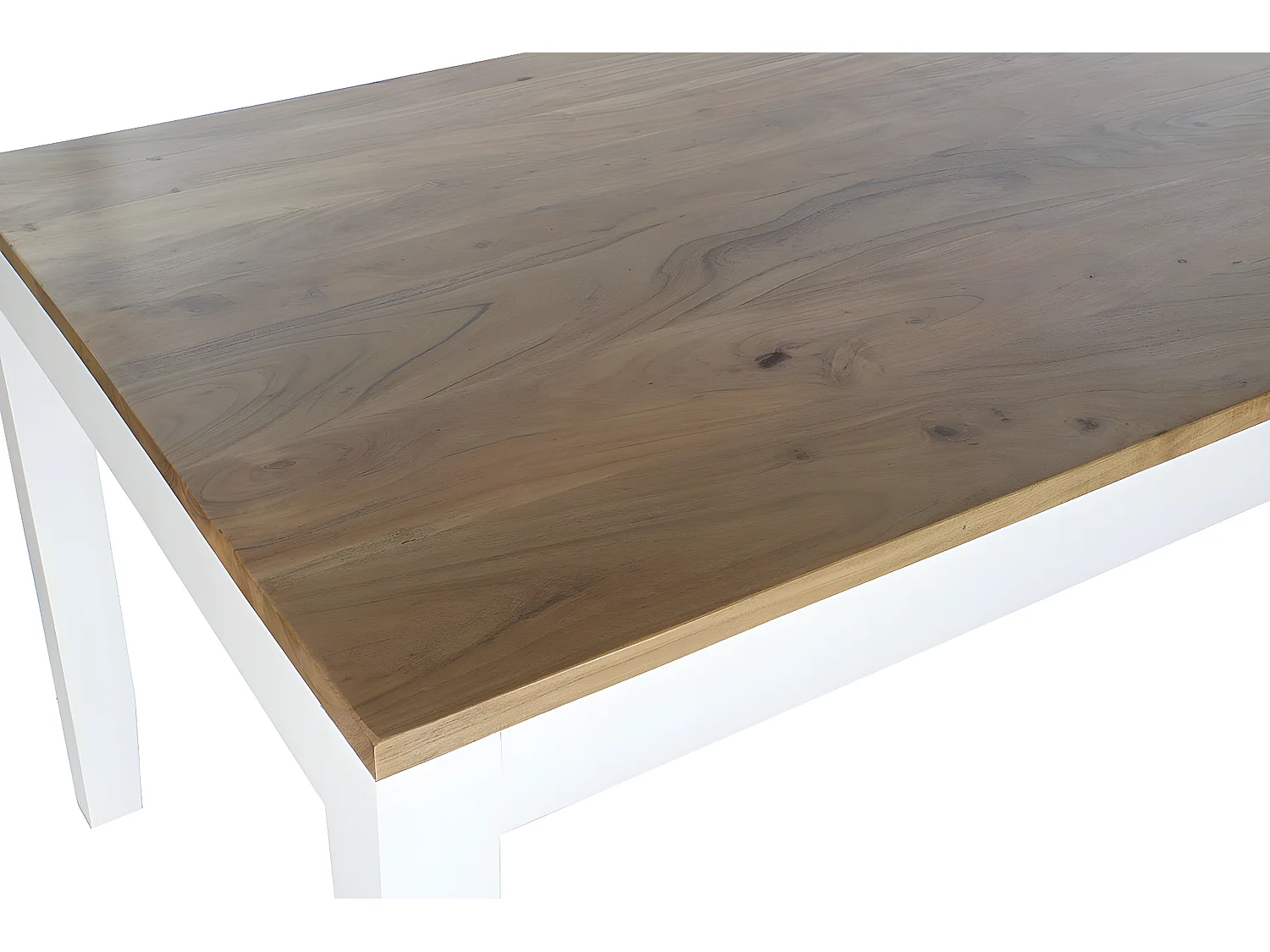 Table à manger, table de repas rectangulaire en bois d'acacia naturel et métal blanc - longueur 200 x profondeur 100 x hauteur 80 cm