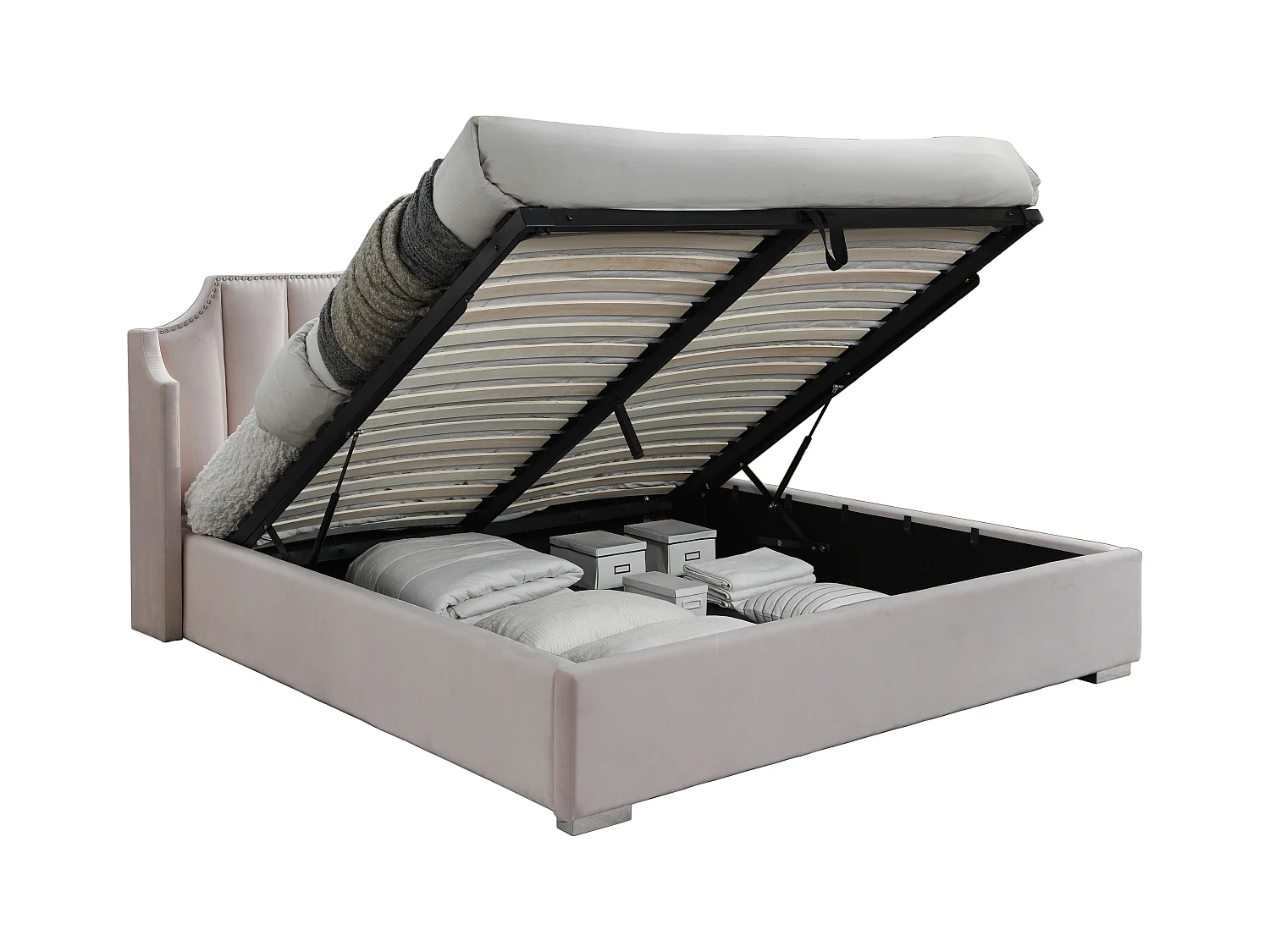 Łóżko ze skrzynią 180 × 200 cm z zagiętym zagłówkiem – Welurowe – Różowe + Materac – TEOMIS