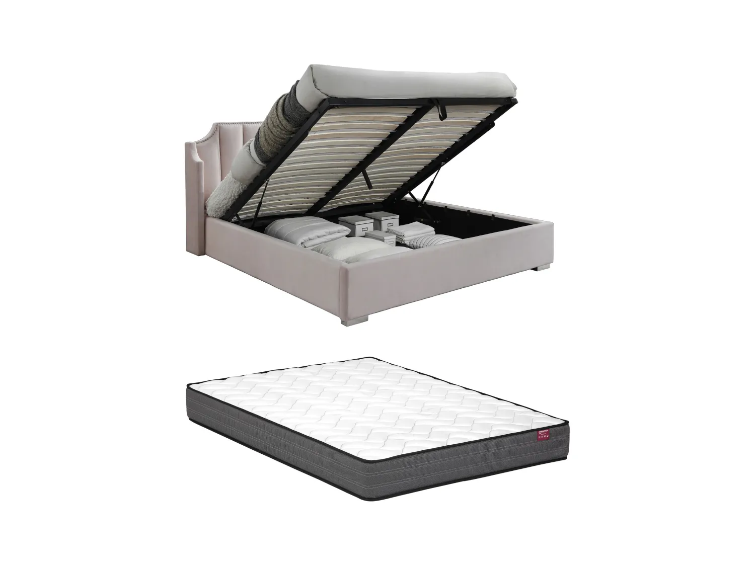 Bett mit Bettkasten & geschwungenem Kopfteil + Matratze - 180 x 200 cm - Samt - Rosa - TEOMIS