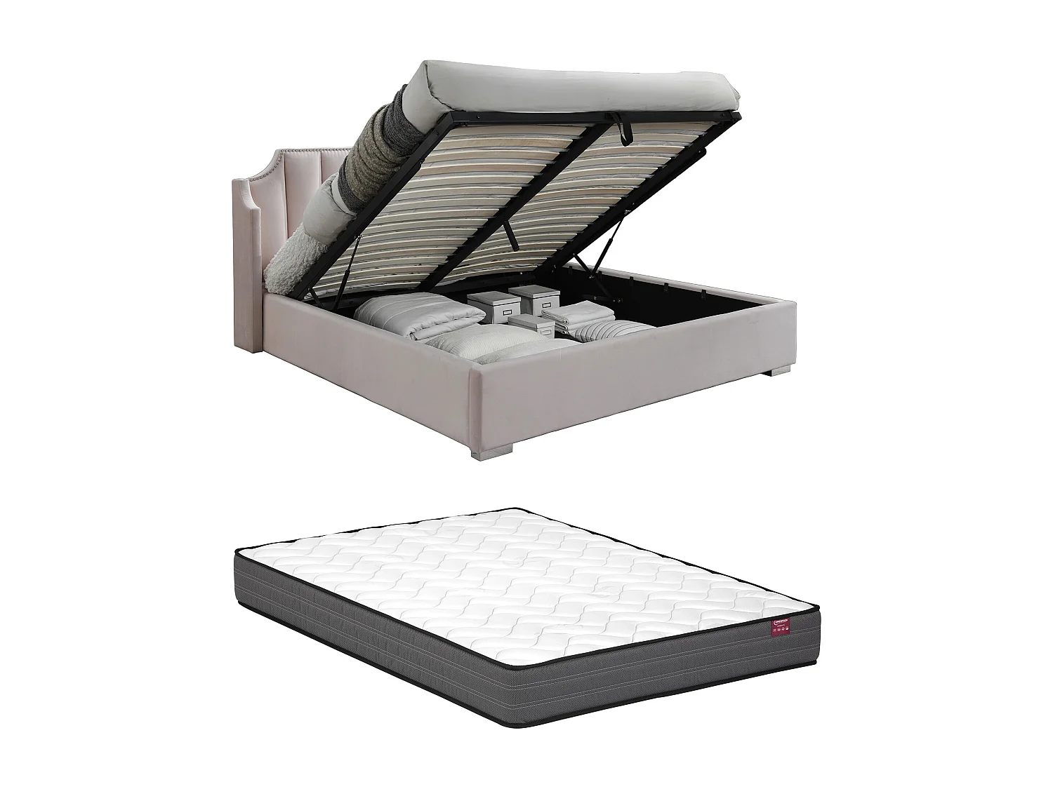 Lit coffre 180 x 200 cm avec tête de lit incurvée - Velours - Rose + Matelas - TEOMIS