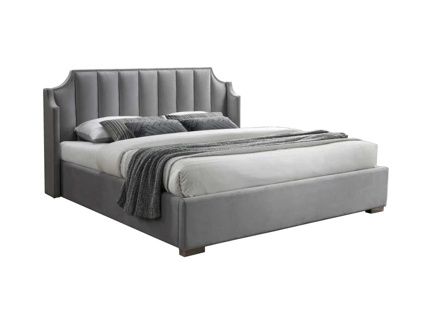 Lit coffre 140 x 190 cm avec tête de lit incurvée - Velours - Gris clair + Matelas - TEOMIS