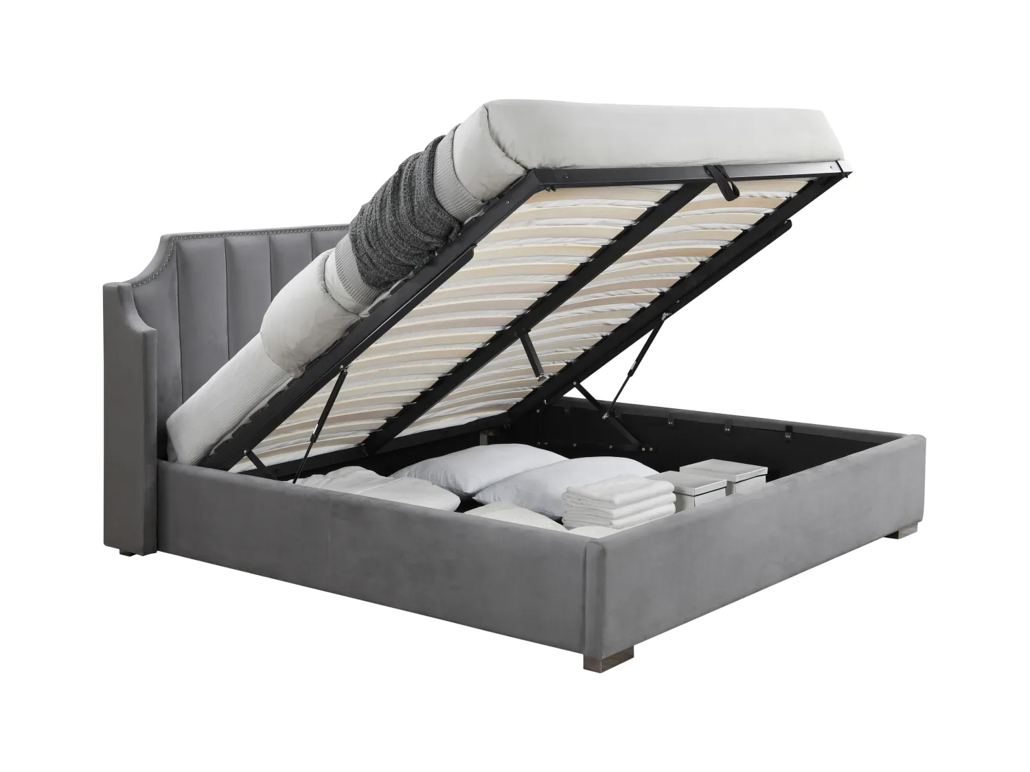 Lit coffre 140 x 190 cm avec tête de lit incurvée - Velours - Gris clair + Matelas - TEOMIS