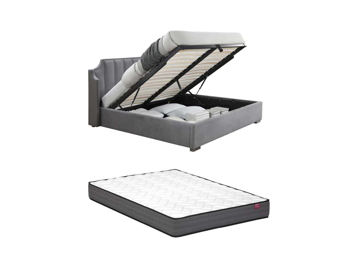 Lit coffre 140 x 190 cm avec tête de lit incurvée - Velours - Gris clair + Matelas - TEOMIS
