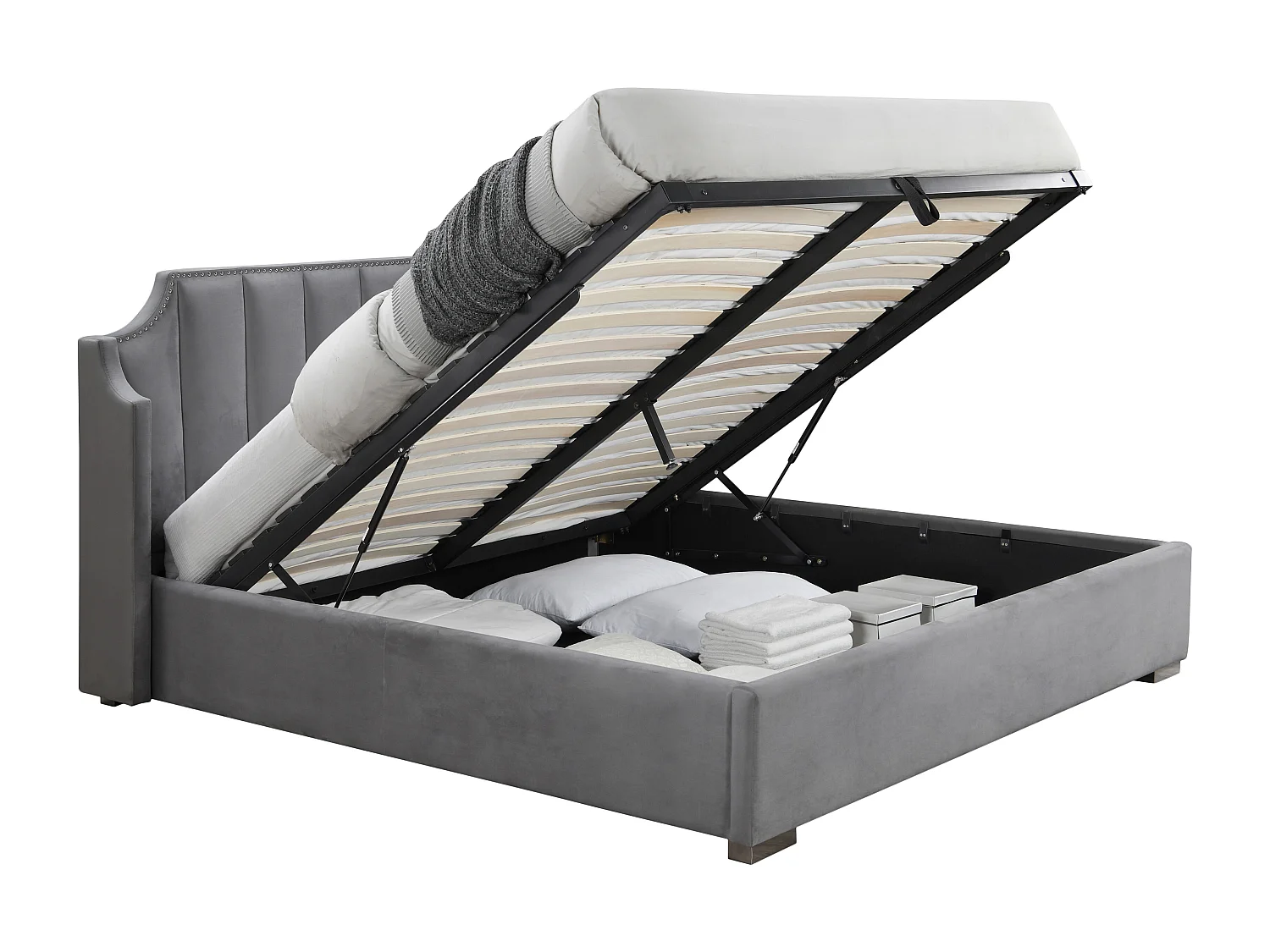 Lit coffre 140 x 190 cm avec tête de lit incurvée - Velours - Gris clair + Matelas - TEOMIS