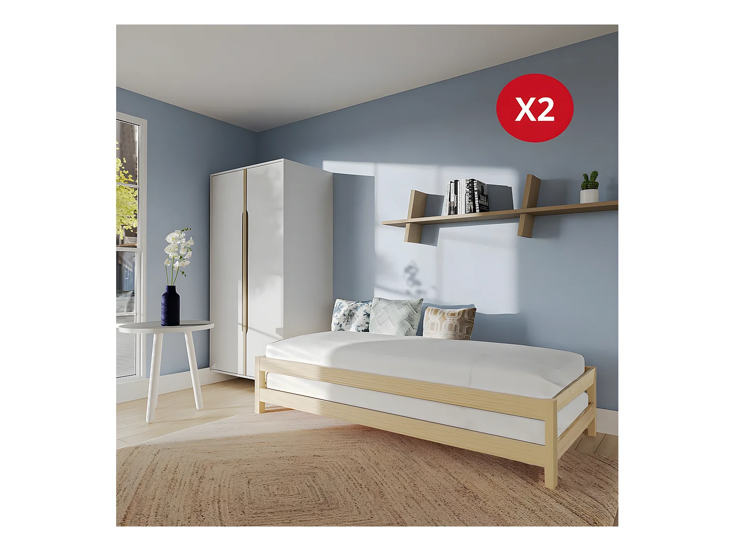 Lit empilable JONAS 80x200 (lot de deux lits)+ 2 sommiers / Naturel