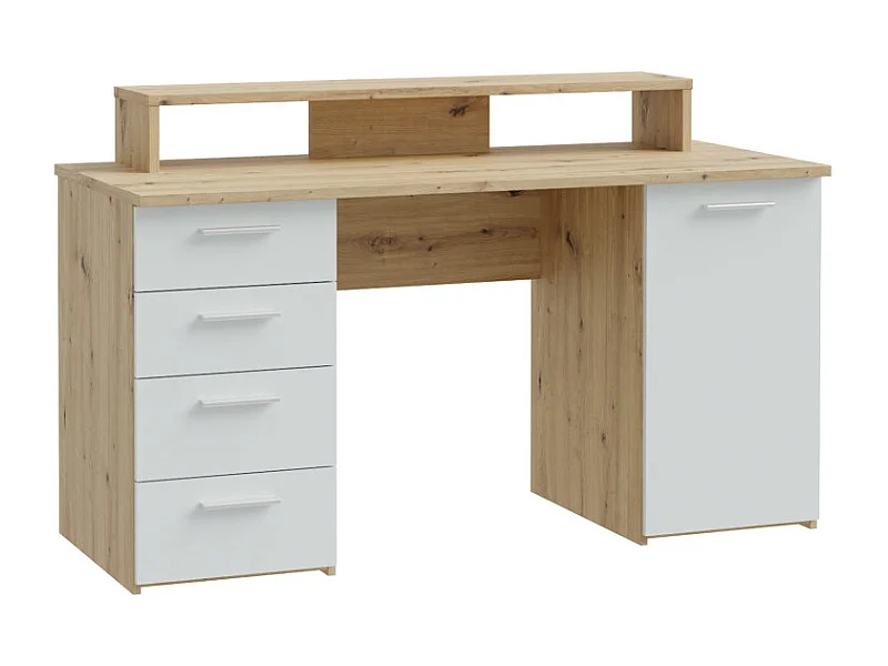 Bureau 145 cm 4 tiroirs 1 porte décor bois chêne et gris clair - ONDÉE