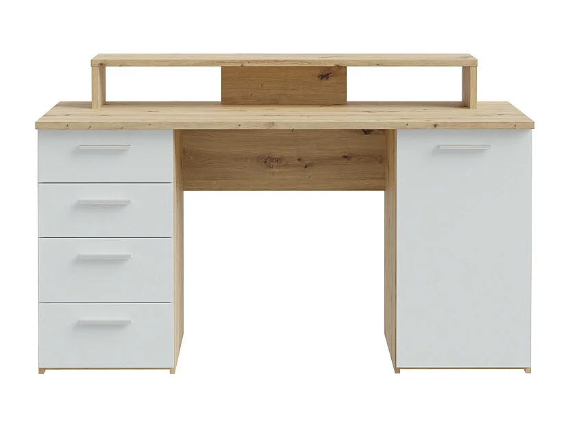 Bureau 145 cm 4 tiroirs 1 porte décor bois chêne et gris clair - ONDÉE