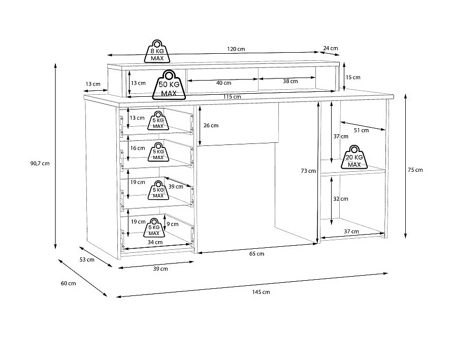 Bureau 145 cm 4 tiroirs 1 porte décor bois chêne et gris clair - ONDÉE