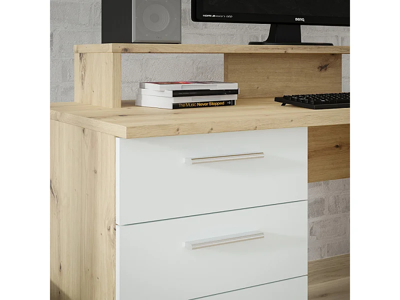 Bureau 145 cm 4 tiroirs 1 porte décor bois chêne et gris clair - ONDÉE