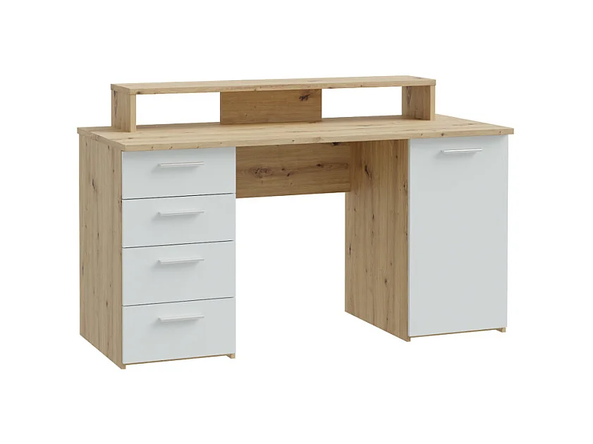Bureau 145 cm 4 tiroirs 1 porte décor bois chêne et gris clair - ONDÉE