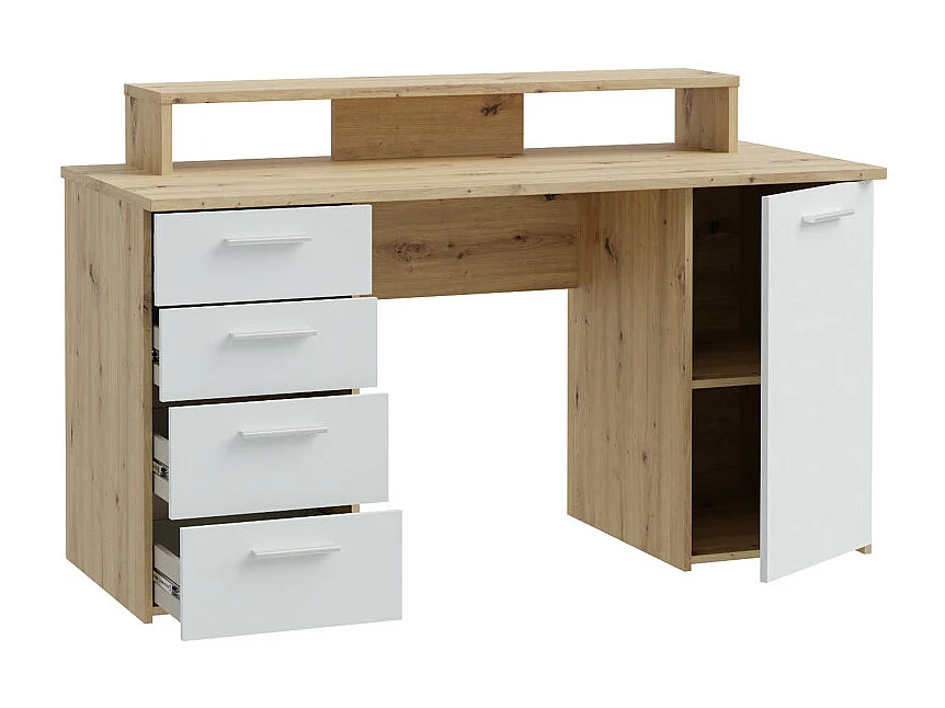 Bureau 145 cm 4 tiroirs 1 porte décor bois chêne et gris clair - ONDÉE