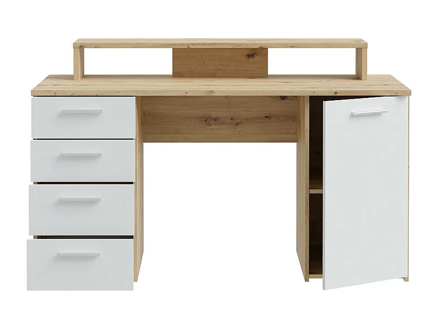 Bureau 145 cm 4 tiroirs 1 porte décor bois chêne et gris clair - ONDÉE