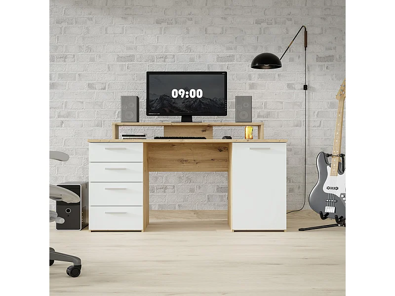 Bureau 145 cm 4 tiroirs 1 porte décor bois chêne et gris clair - ONDÉE