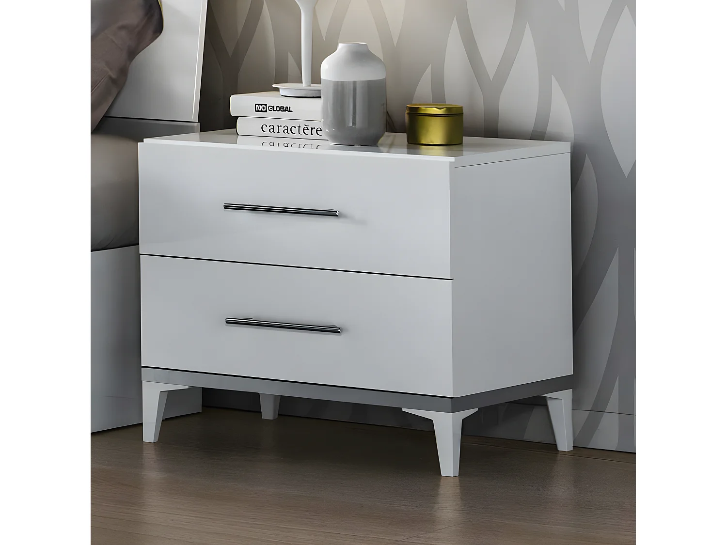 Table de chevet 2 tiroirs Blanc brillant - LADABI - L 60 x l 43 x H 55 cm