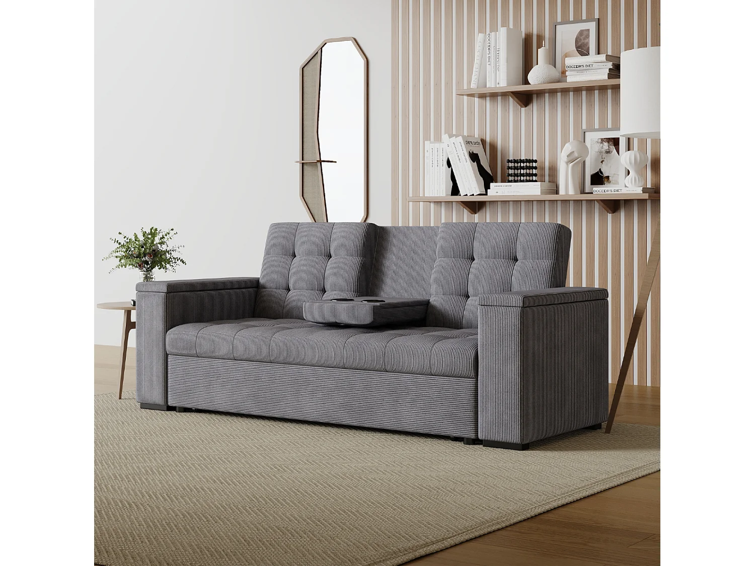 Canapé 3 places convertible gris velours côtelé NOHO