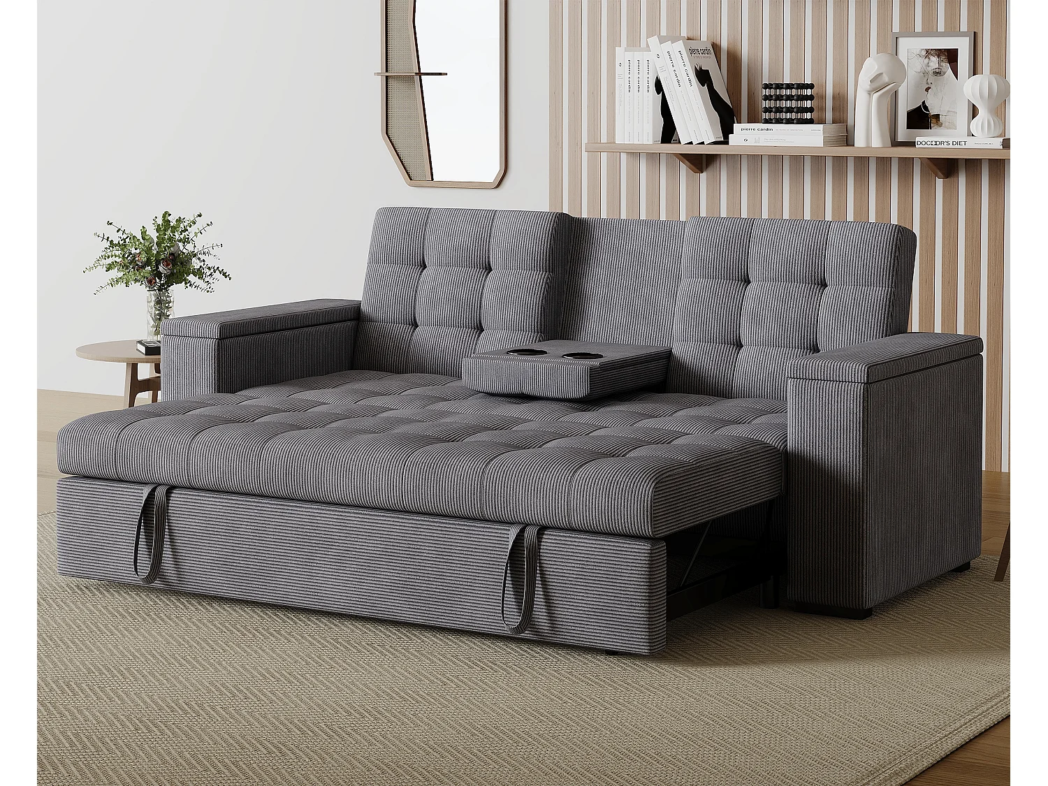 Sofá-Cama Conversível Modular de 3 Lugares em Veludo Cotelê Cinza com Armazenamento NOHO