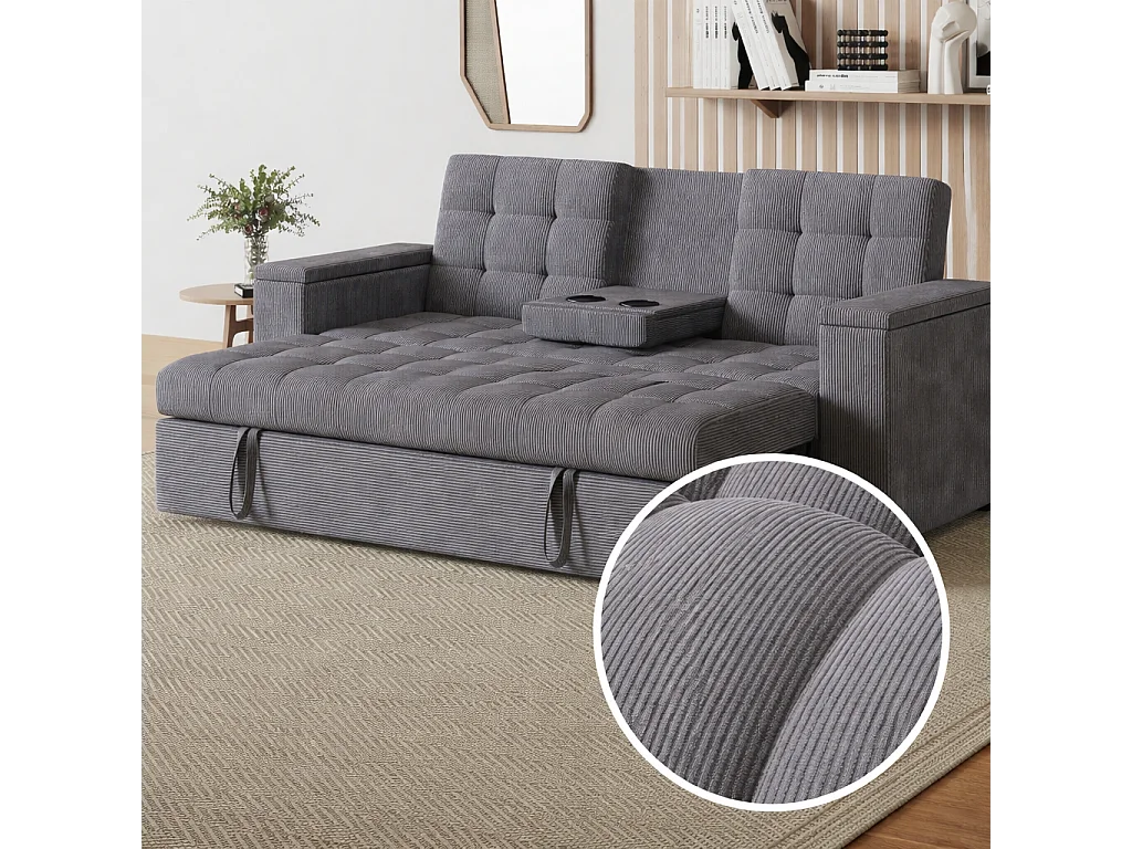Canapé 3 places convertible gris velours côtelé NOHO